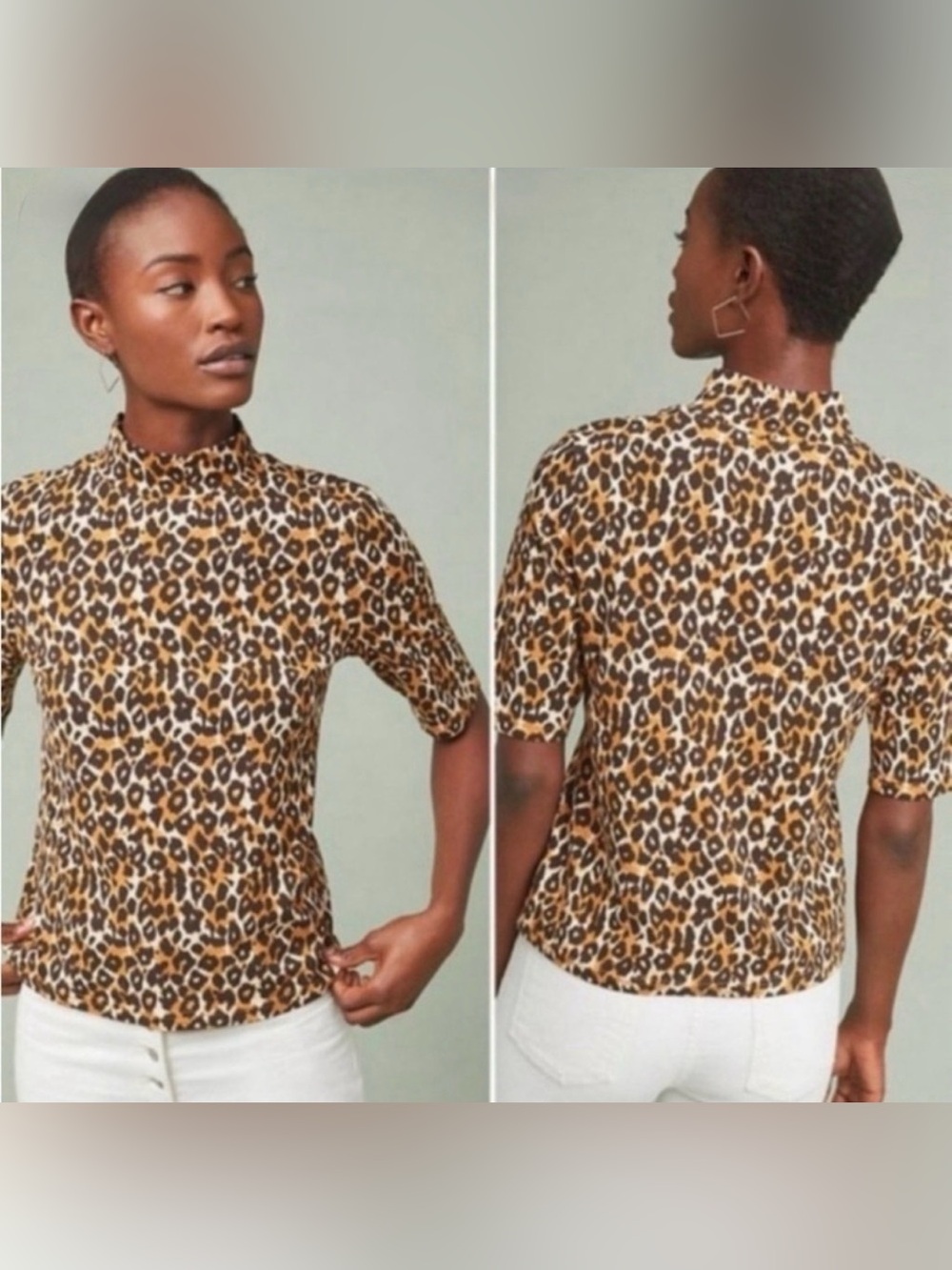 By Anthropologie Leopard Print Mock Neck Short-Sleeve Top - Brown